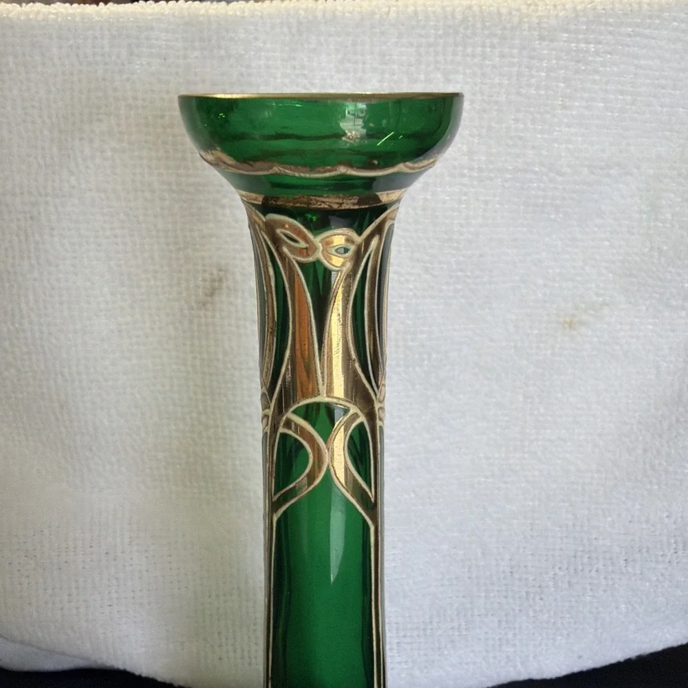 Vtg Art Nouveau Jugendstil Gold Gilded Green Satin Glass Vases 2 Ea Circa 1900s‎